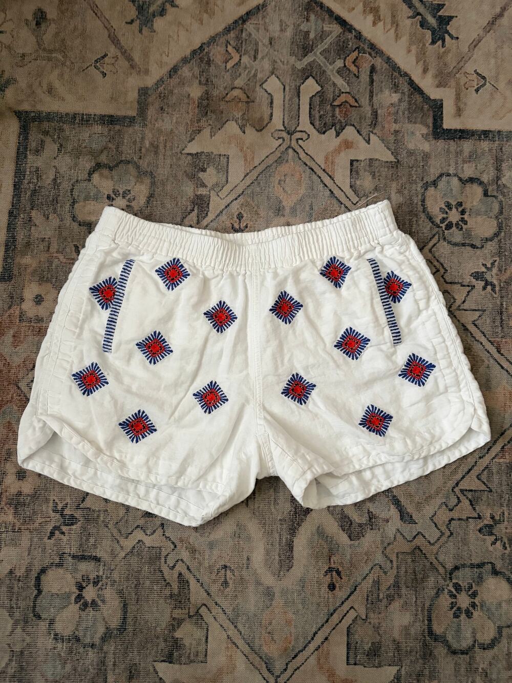 J.Crew Embroidered Pull-On Shorts Women XS White Red Blue Linen Cotton